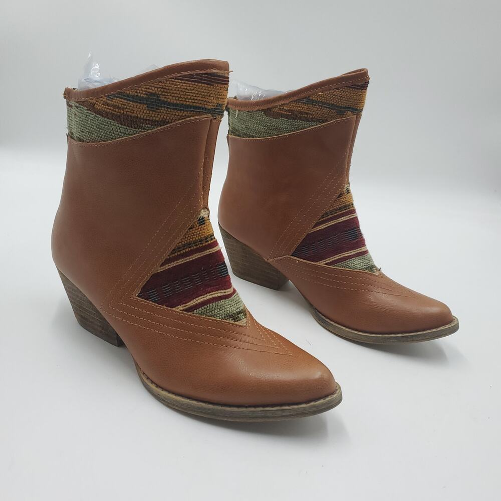 Sbicca Cognac Booties with Aztec Print Fabric Western Booties Size 6